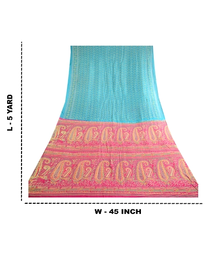 Sanskriti Vintage Sarees Blue Pure Silk Sari Printed Floral Soft Craft Fabric, PR-62835-Blue-Pure Silk-9