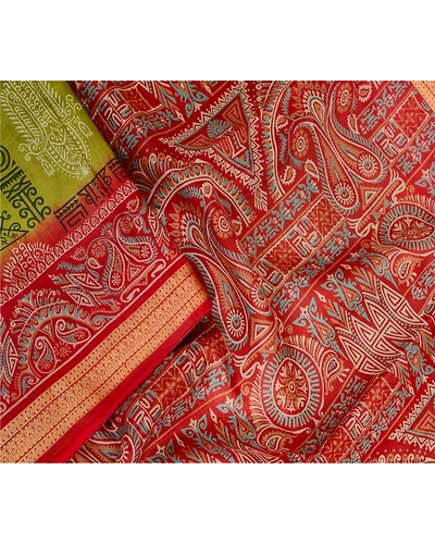 Sanskriti Vintage Sarees Green Pure Silk Printed Sari Floral Soft Craft Fabric, PR-62855-Green-Pure Silk-2