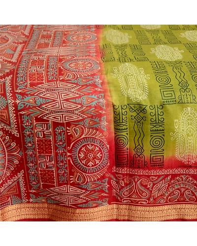 Sanskriti Vintage Sarees Green Pure Silk Printed Sari Floral Soft Craft Fabric, PR-62855-Green-Pure Silk-3