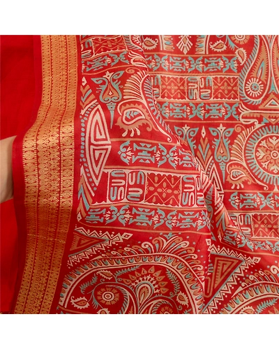 Sanskriti Vintage Sarees Green Pure Silk Printed Sari Floral Soft Craft Fabric, PR-62855-Green-Pure Silk-5