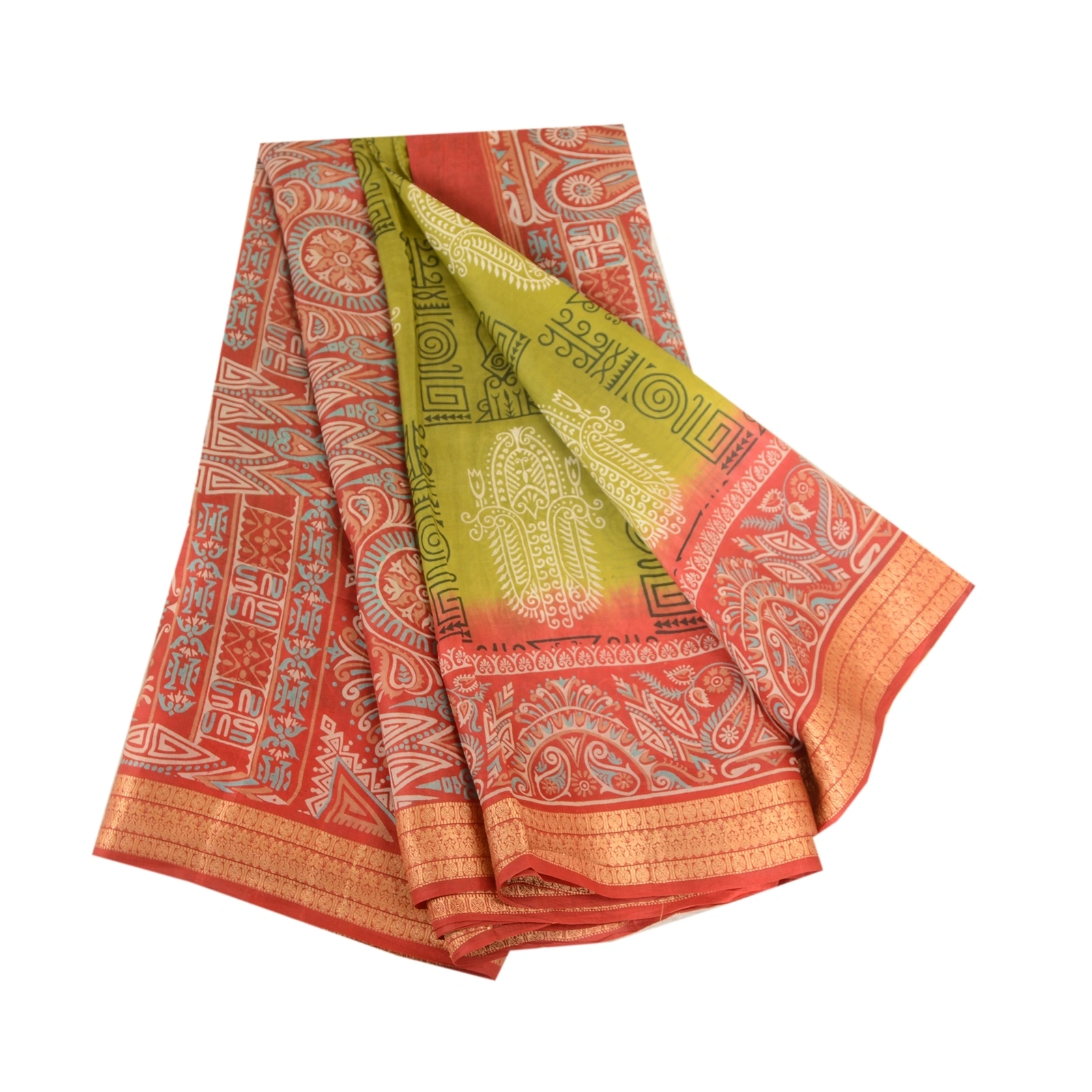 Sanskriti Vintage Sarees Green Pure Silk Printed Sari Floral Soft Craft Fabric, PR-62855-Green-Pure Silk-6