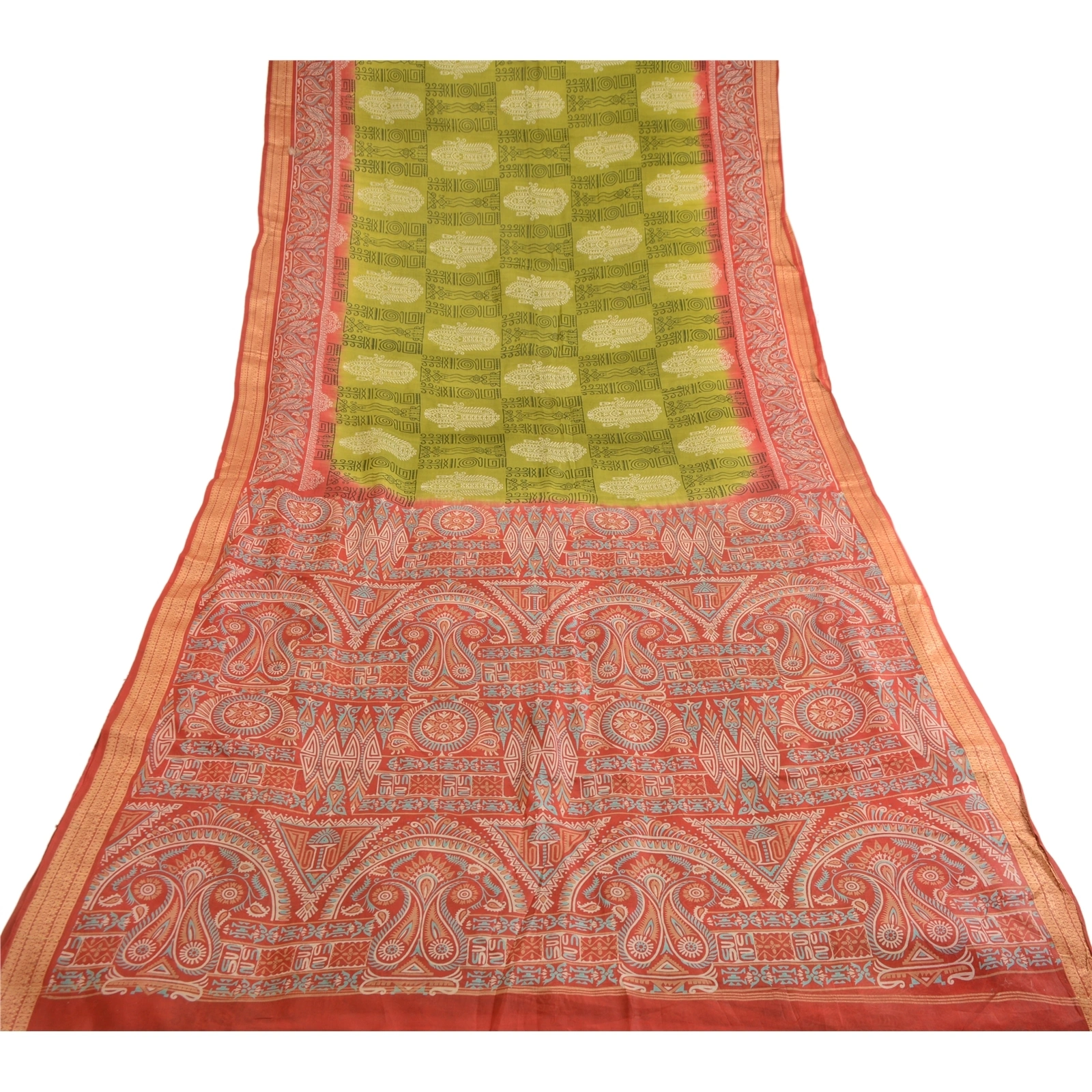 Sanskriti Vintage Sarees Green Pure Silk Printed Sari Floral Soft Craft Fabric, PR-62855-Green-Pure Silk-7