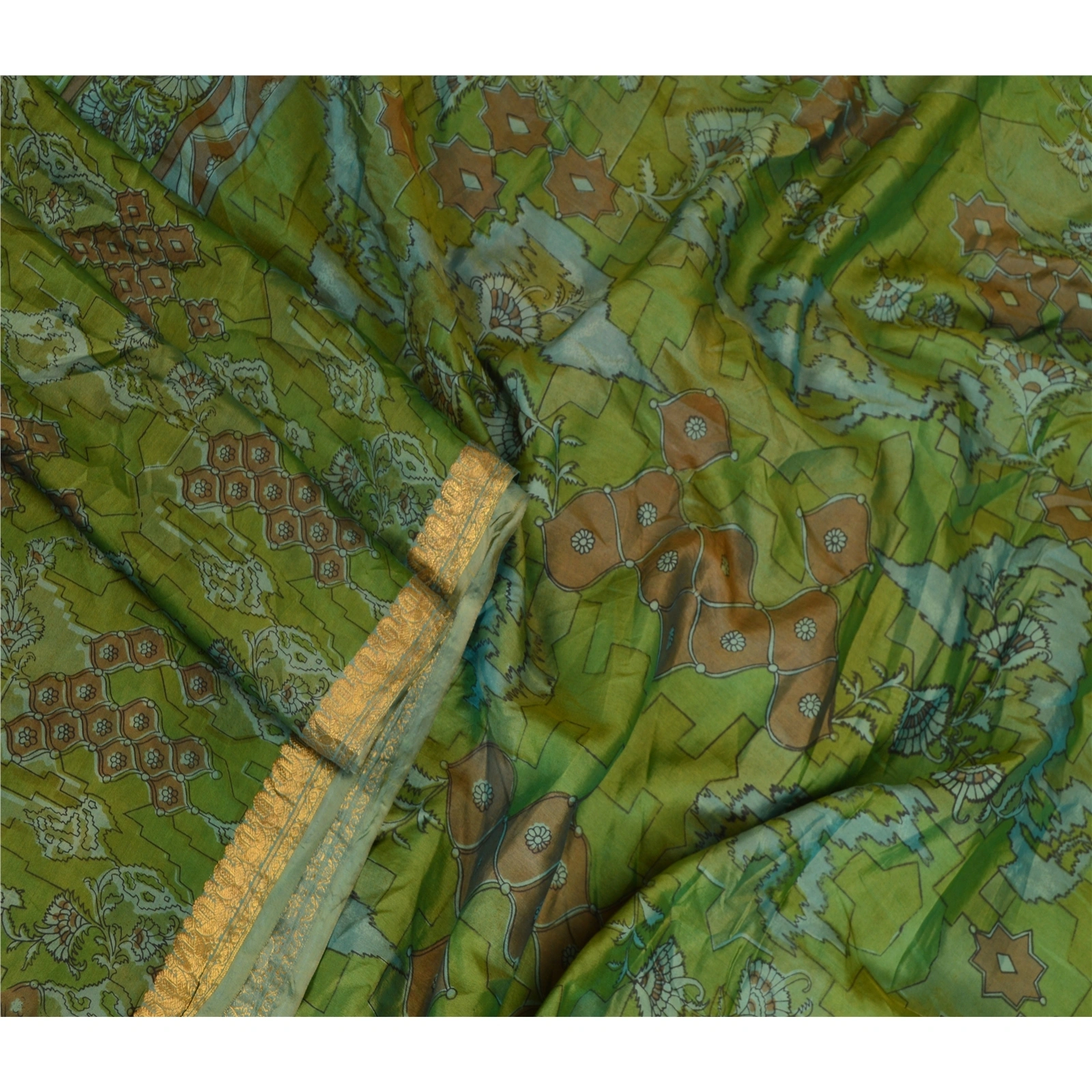 Sanskriti Vintage Sarees Green Pure Silk Printed Zari Border Sari Craft Fabric, PR-62857-Green-Pure Silk-1