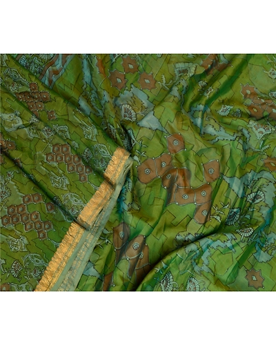 Sanskriti Vintage Sarees Green Pure Silk Printed Zari Border Sari Craft Fabric, PR-62857-Green-Pure Silk-1