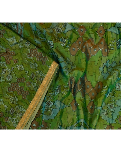 Sanskriti Vintage Sarees Green Pure Silk Printed Zari Border Sari Craft Fabric, PR-62857-Green-Pure Silk-2