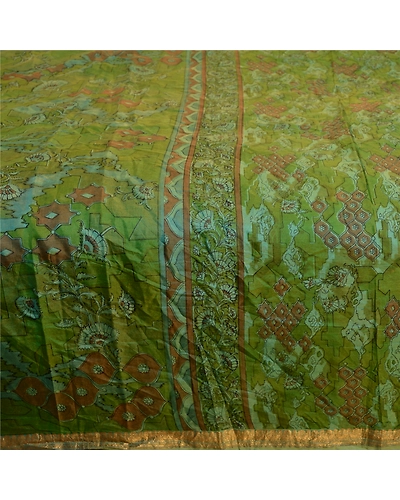 Sanskriti Vintage Sarees Green Pure Silk Printed Zari Border Sari Craft Fabric, PR-62857-Green-Pure Silk-3