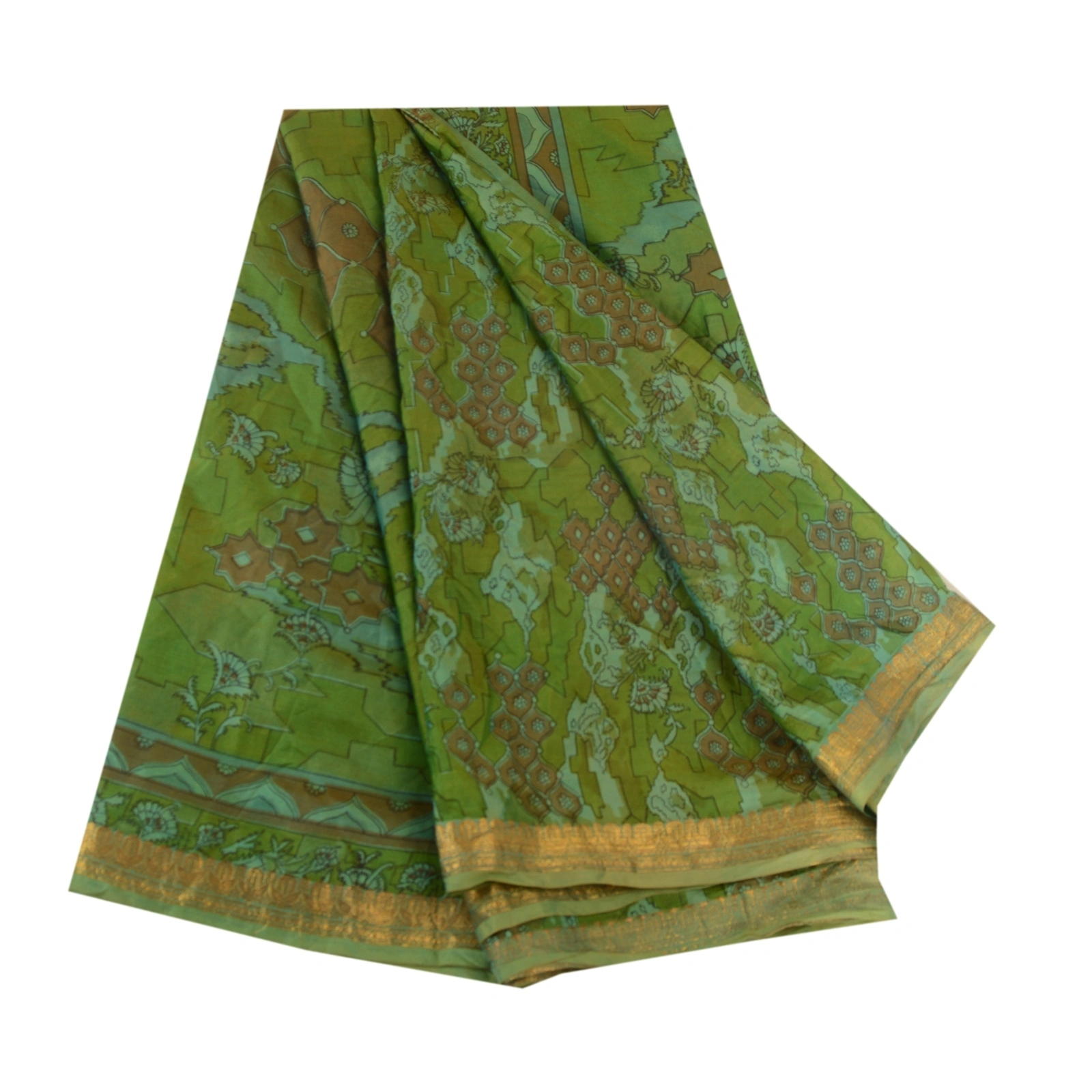 Sanskriti Vintage Sarees Green Pure Silk Printed Zari Border Sari Craft Fabric, PR-62857-Green-Pure Silk-6