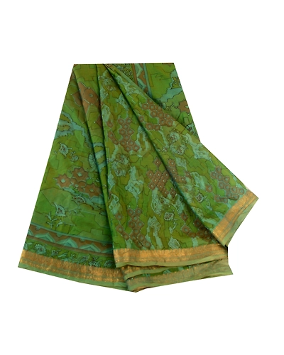 Sanskriti Vintage Sarees Green Pure Silk Printed Zari Border Sari Craft Fabric, PR-62857-Green-Pure Silk-6