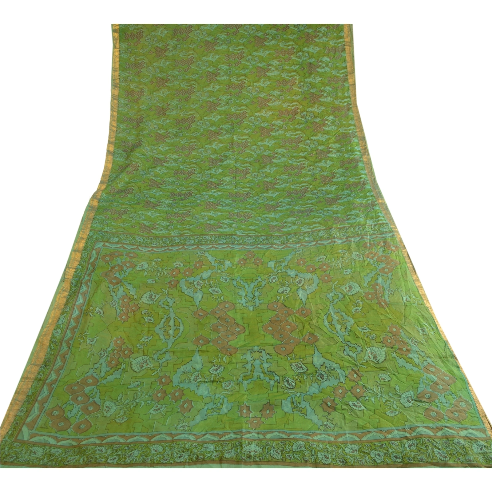 Sanskriti Vintage Sarees Green Pure Silk Printed Zari Border Sari Craft Fabric, PR-62857-Green-Pure Silk-7