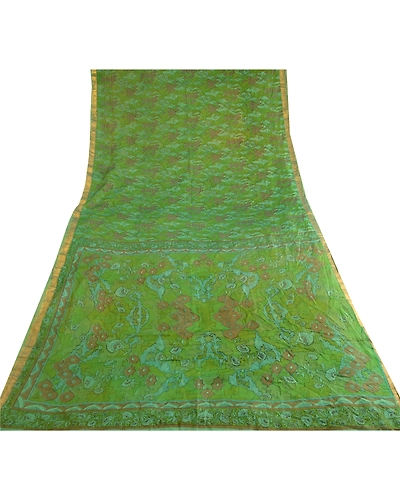 Sanskriti Vintage Sarees Green Pure Silk Printed Zari Border Sari Craft Fabric, PR-62857-Green-Pure Silk-7