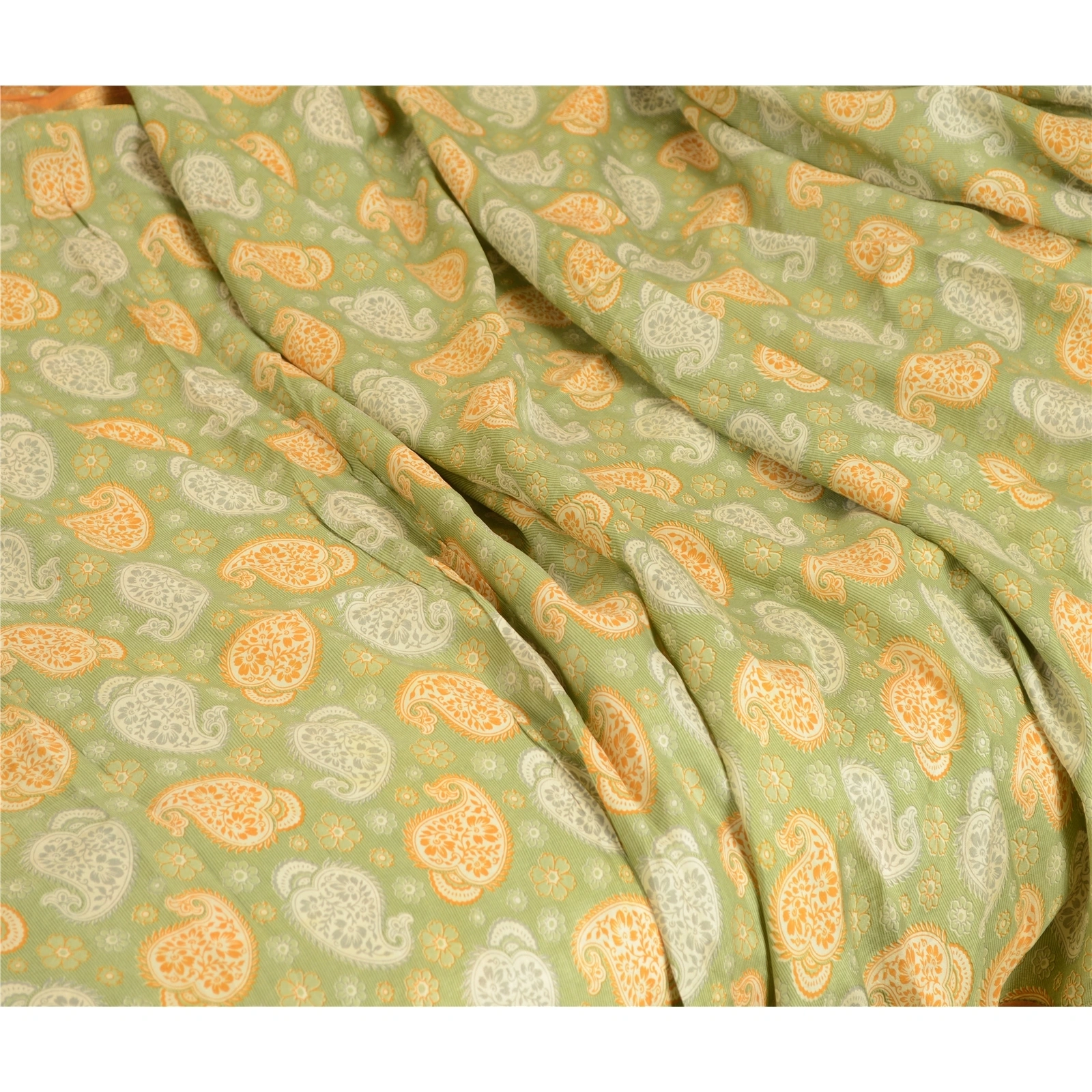 Sanskriti Vintage Sarees Green Zari Border Printed Pure Silk Sari Craft Fabric, PR-62861-Green-Pure Silk-1