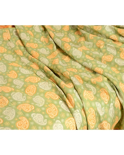 Sanskriti Vintage Sarees Green Zari Border Printed Pure Silk Sari Craft Fabric, PR-62861-Green-Pure Silk-1