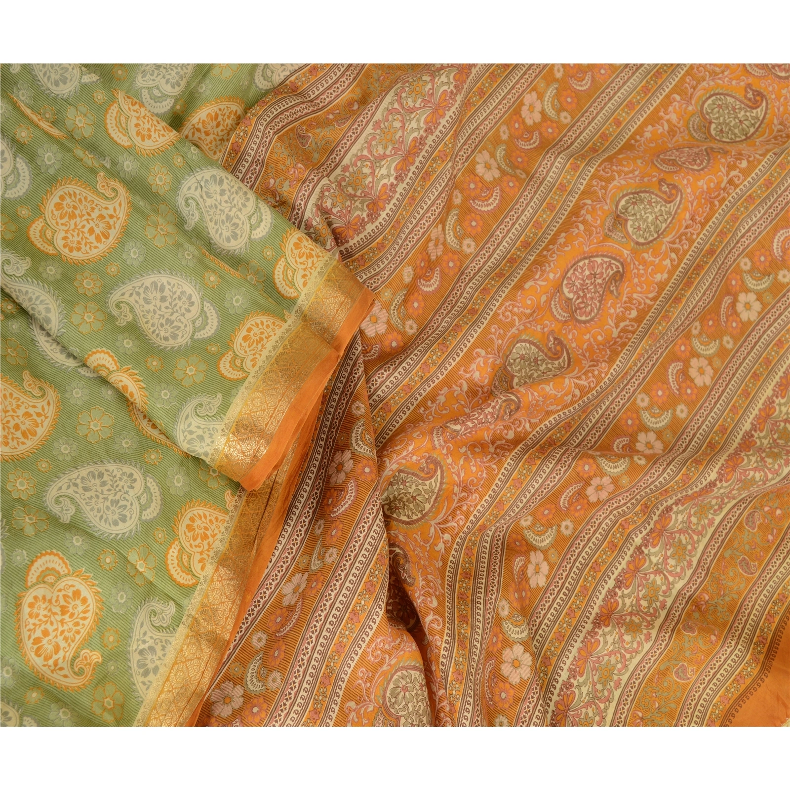 Sanskriti Vintage Sarees Green Zari Border Printed Pure Silk Sari Craft Fabric, PR-62861-Green-Pure Silk-2