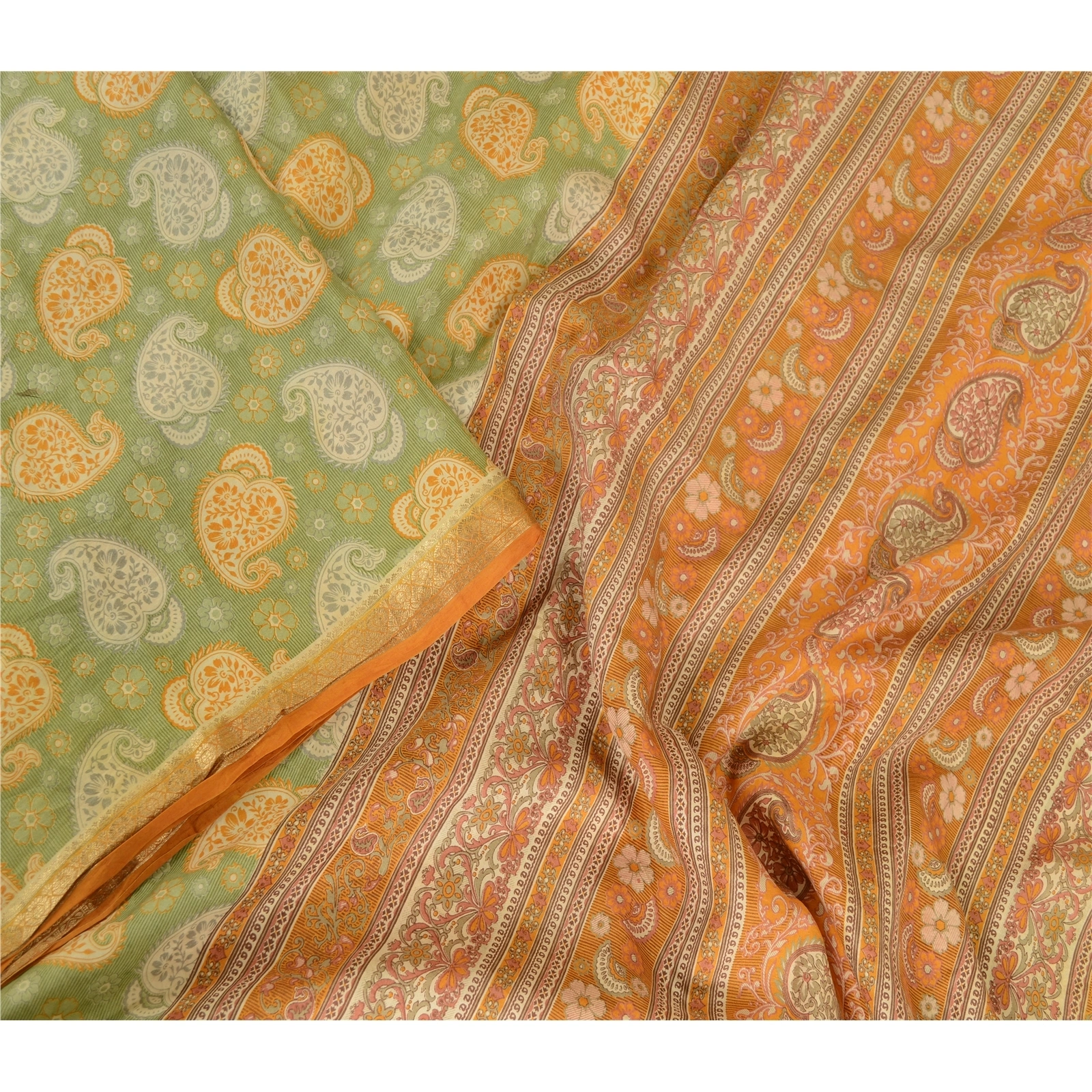 Sanskriti Vintage Sarees Green Zari Border Printed Pure Silk Sari Craft Fabric, PR-62861-Green-Pure Silk-3