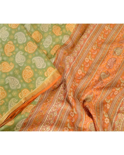 Sanskriti Vintage Sarees Green Zari Border Printed Pure Silk Sari Craft Fabric, PR-62861-Green-Pure Silk-3