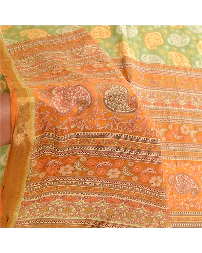 Sanskriti Vintage Sarees Green Zari Border Printed Pure Silk Sari Craft Fabric, PR-62861-Green-Pure Silk-6