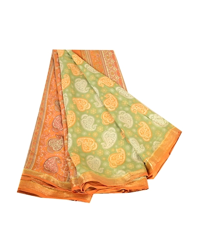 Sanskriti Vintage Sarees Green Zari Border Printed Pure Silk Sari Craft Fabric, PR-62861-Green-Pure Silk-7