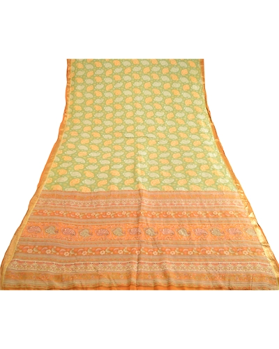 Sanskriti Vintage Sarees Green Zari Border Printed Pure Silk Sari Craft Fabric, PR-62861-Green-Pure Silk-8