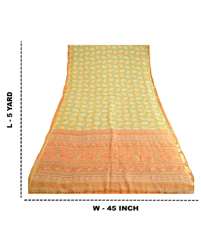 Sanskriti Vintage Sarees Green Zari Border Printed Pure Silk Sari Craft Fabric, PR-62861-Green-Pure Silk-9