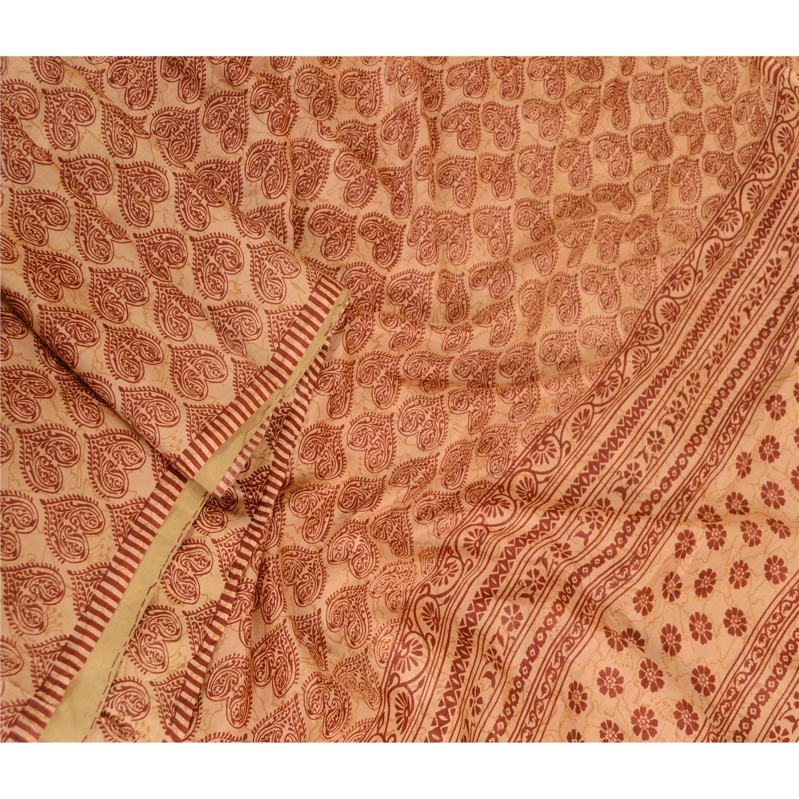 Sanskriti Vintage Sarees Salted Caramel Pure Silk Printed Sari Soft Craft Fabric, PR-62864-Salted Caramel-Pure Silk-1