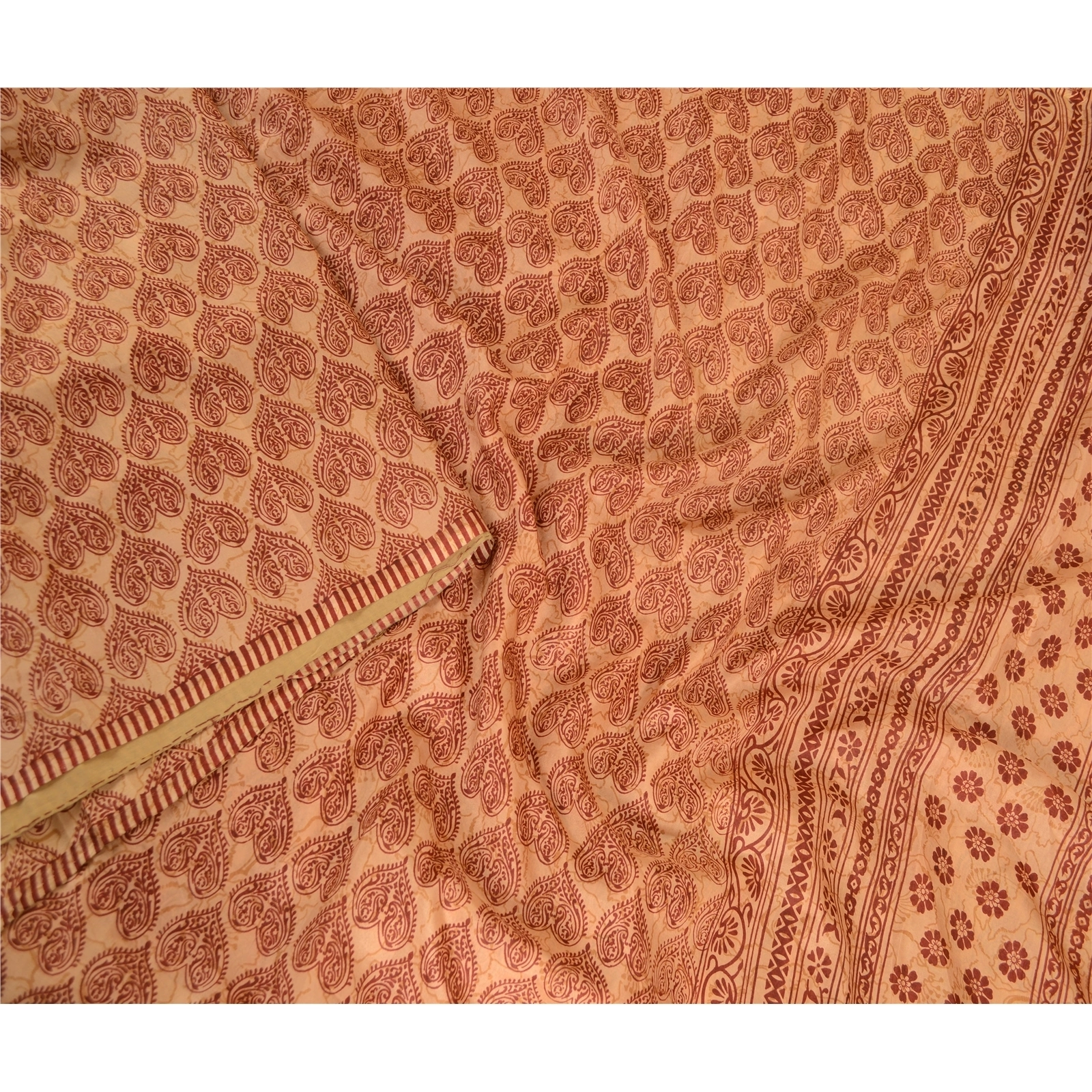 Sanskriti Vintage Sarees Salted Caramel Pure Silk Printed Sari Soft Craft Fabric, PR-62864-Salted Caramel-Pure Silk-2