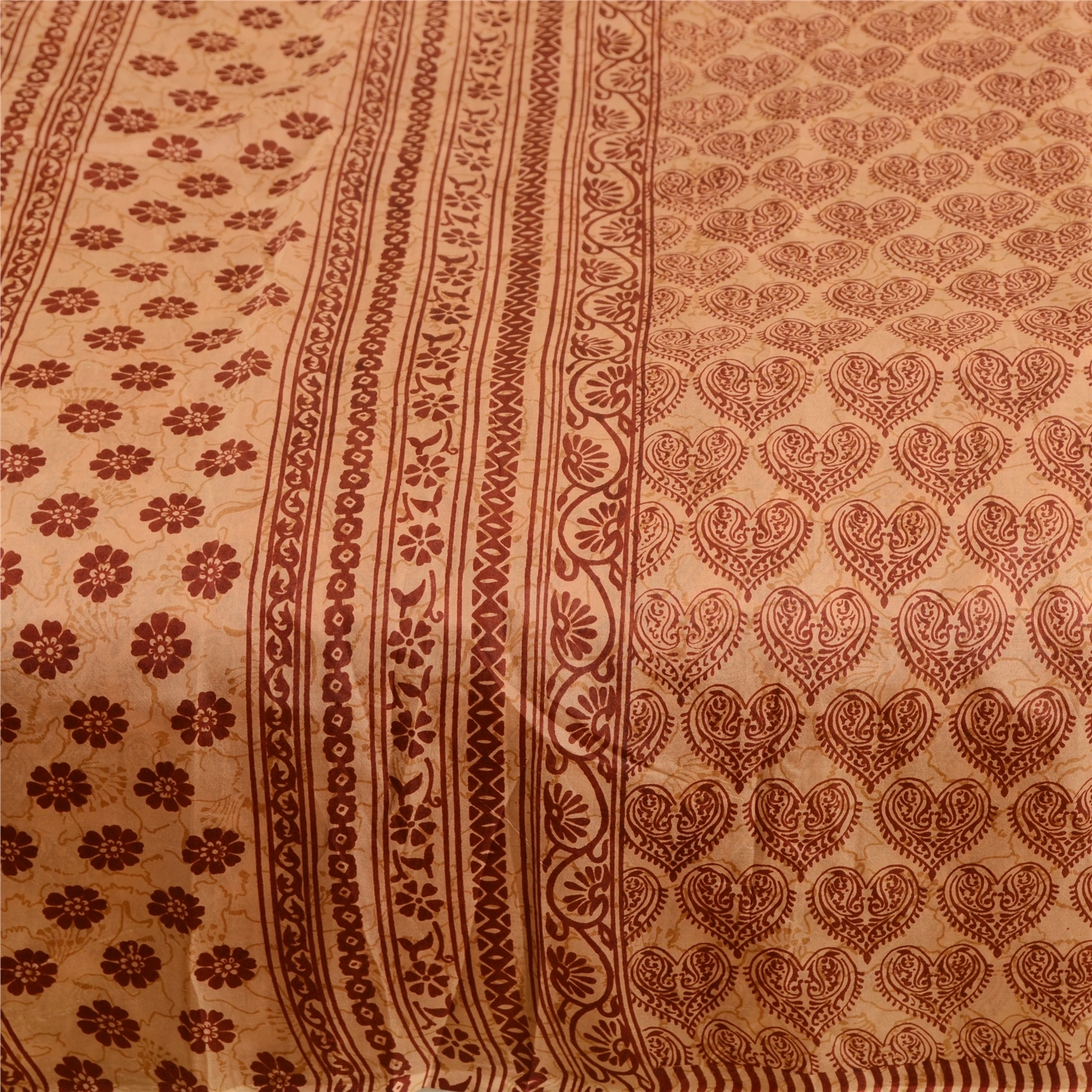 Sanskriti Vintage Sarees Salted Caramel Pure Silk Printed Sari Soft Craft Fabric, PR-62864-Salted Caramel-Pure Silk-3