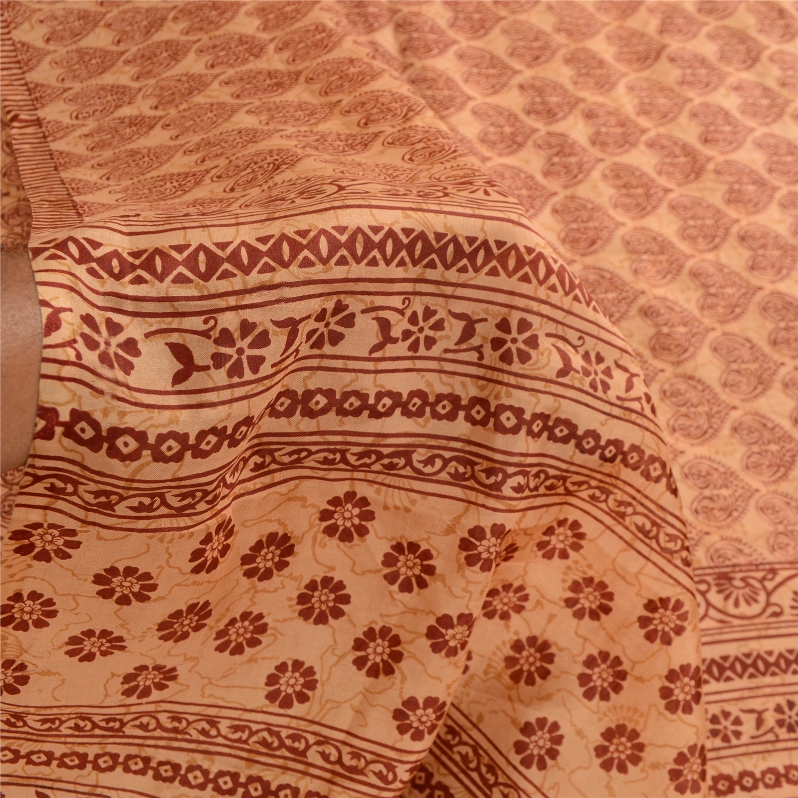 Sanskriti Vintage Sarees Salted Caramel Pure Silk Printed Sari Soft Craft Fabric, PR-62864-Salted Caramel-Pure Silk-5