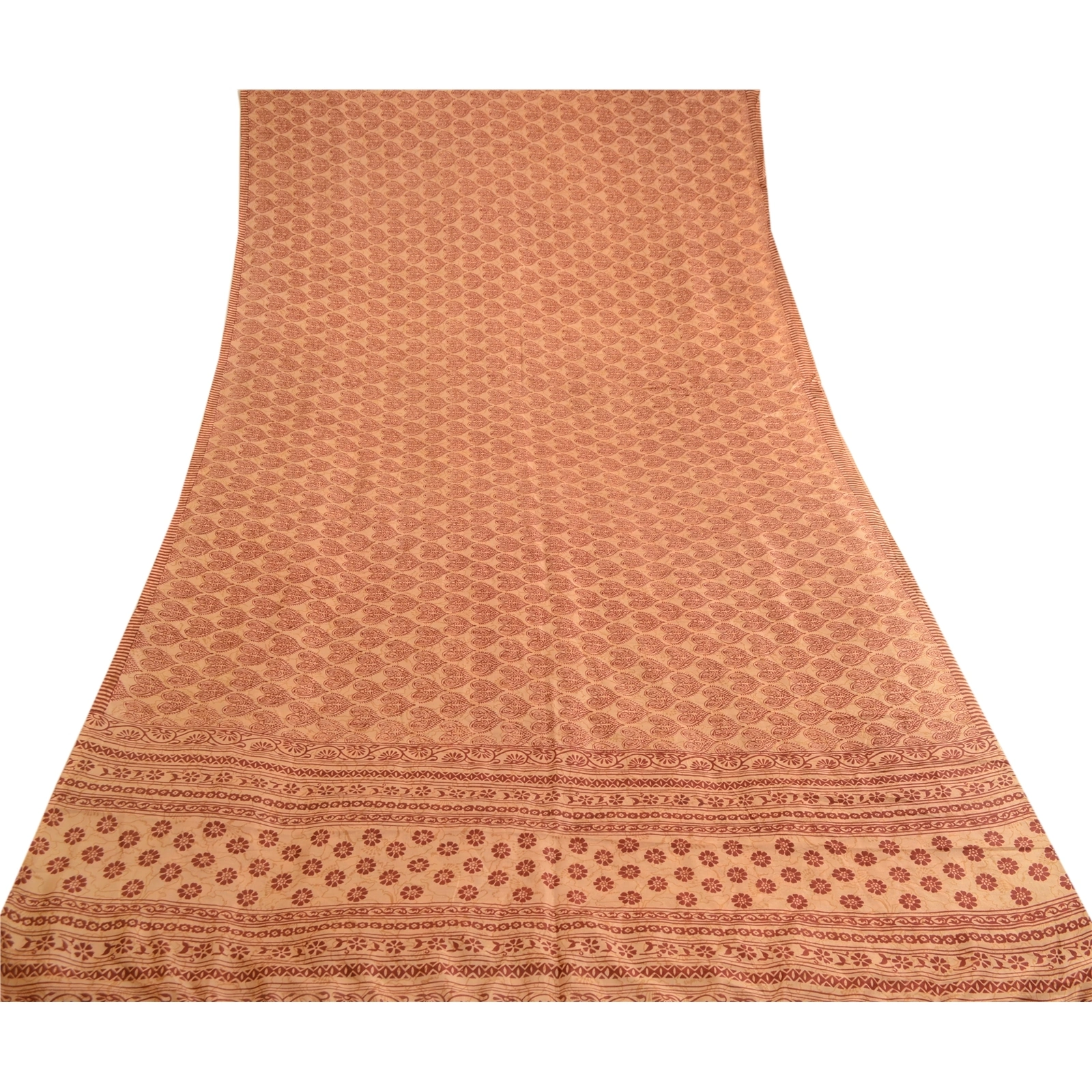 Sanskriti Vintage Sarees Salted Caramel Pure Silk Printed Sari Soft Craft Fabric, PR-62864-Salted Caramel-Pure Silk-7