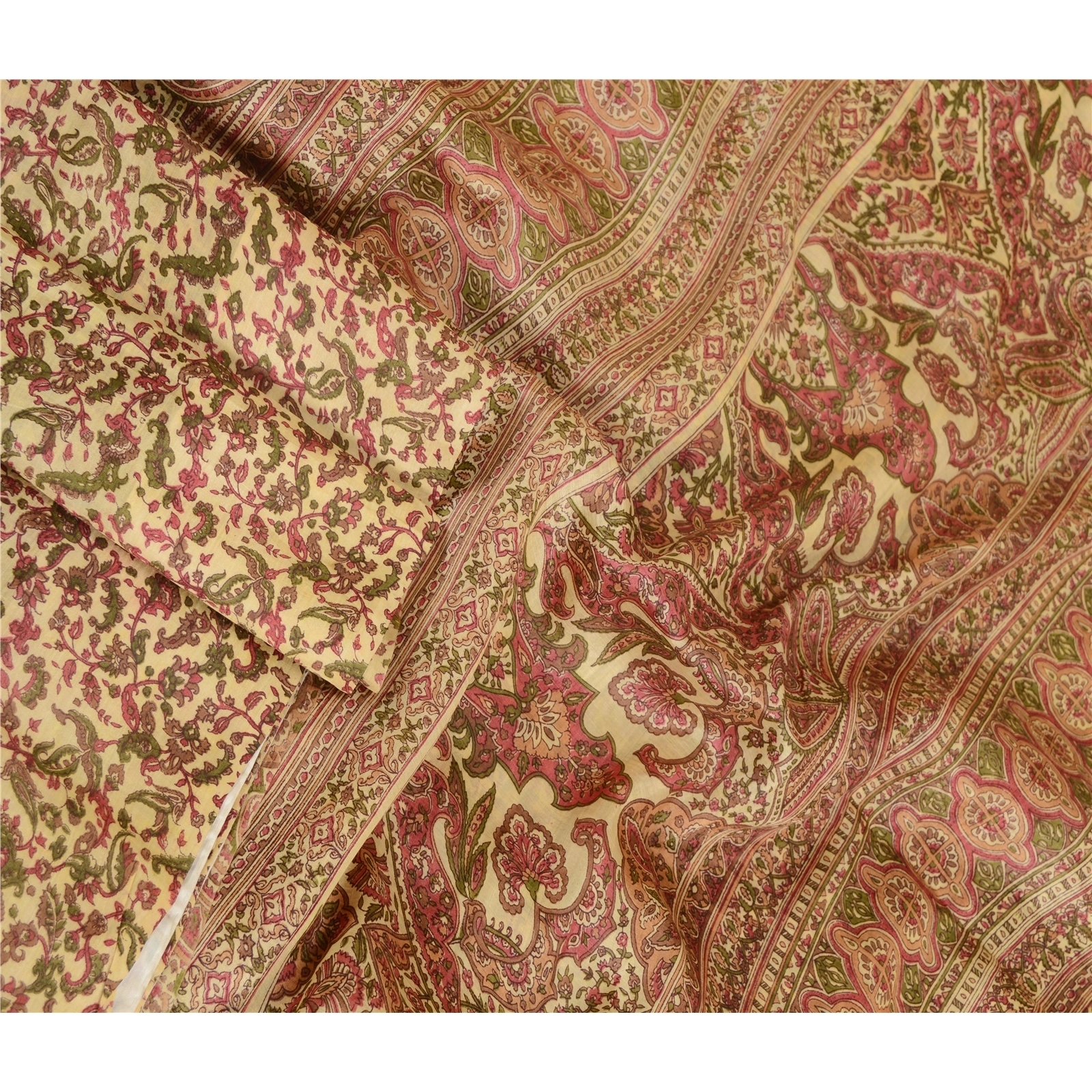 Sanskriti Vintage Sarees Cream 100% Pure Silk Printed Sari Soft 5Yd Craft Fabric, PR-62865-Cream-Pure Silk-1