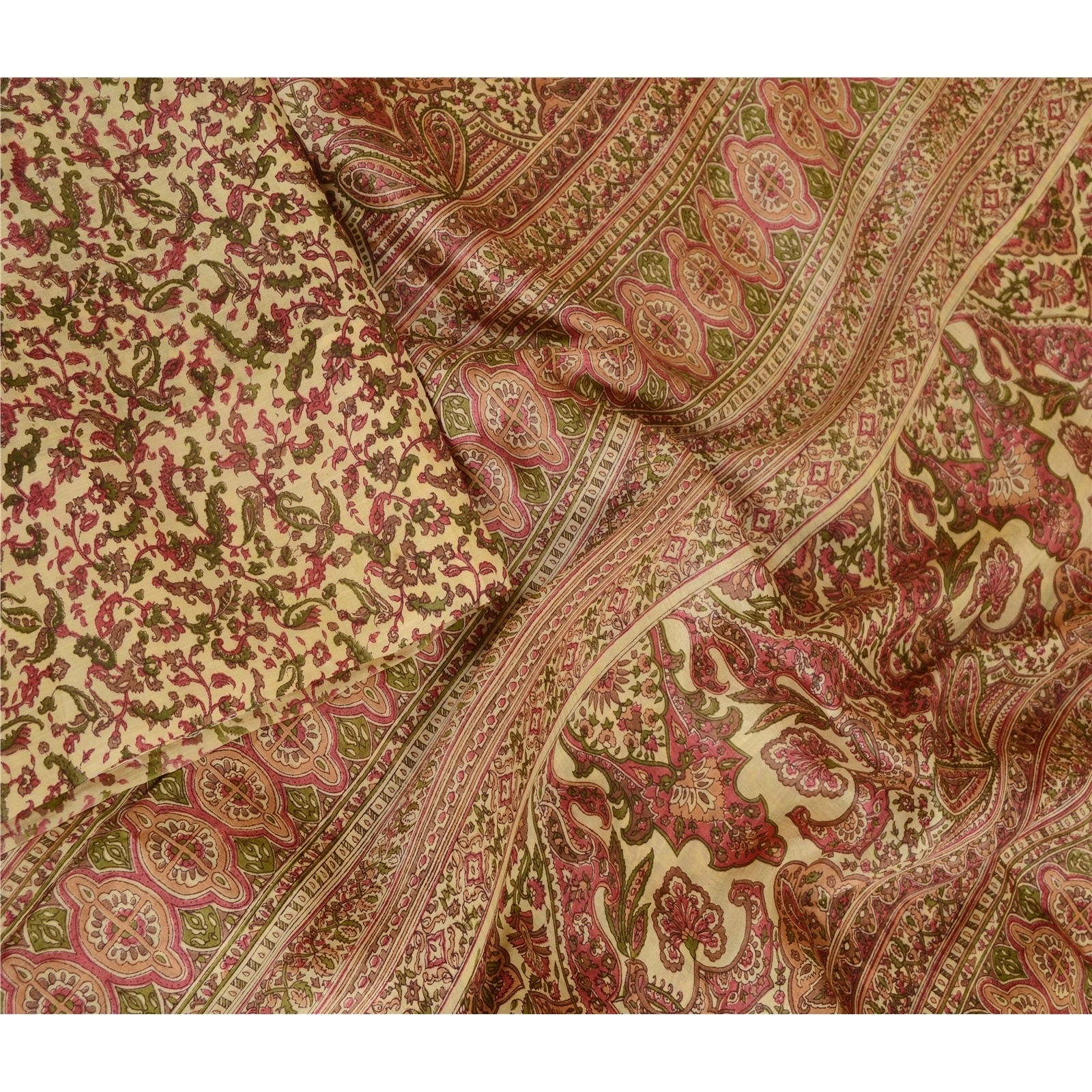 Sanskriti Vintage Sarees Cream 100% Pure Silk Printed Sari Soft 5Yd Craft Fabric, PR-62865-Cream-Pure Silk-2