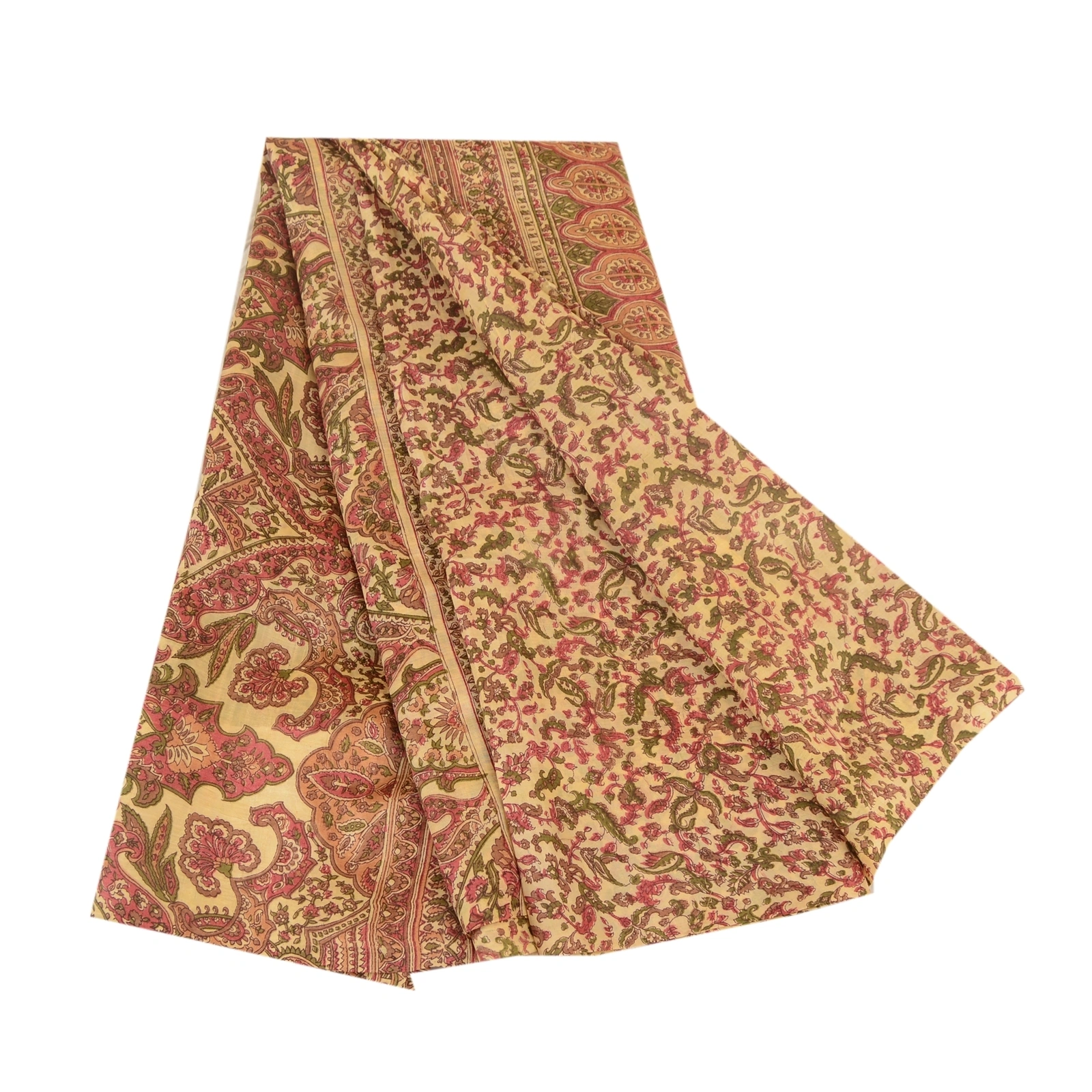 Sanskriti Vintage Sarees Cream 100% Pure Silk Printed Sari Soft 5Yd Craft Fabric, PR-62865-Cream-Pure Silk-6