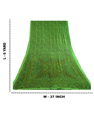 Sanskriti Vintage Sarees Green Indian 100% Pure Silk Printed Sari Craft Fabric, PR-62875-Green-Pure Silk-1