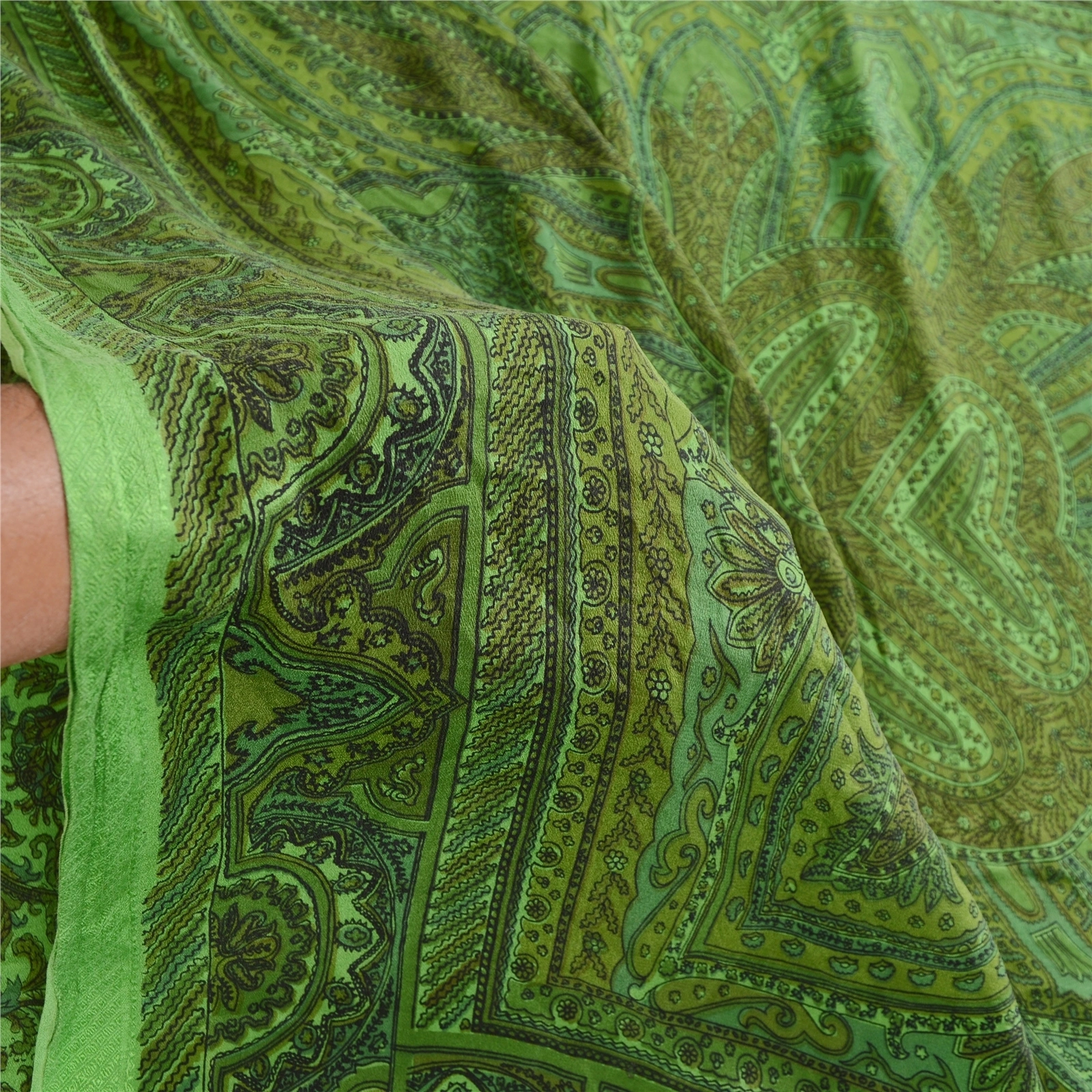 Sanskriti Vintage Sarees Green Indian 100% Pure Silk Printed Sari Craft Fabric, PR-62875-Green-Pure Silk-5