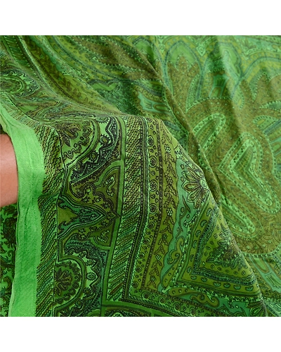 Sanskriti Vintage Sarees Green Indian 100% Pure Silk Printed Sari Craft Fabric, PR-62875-Green-Pure Silk-5