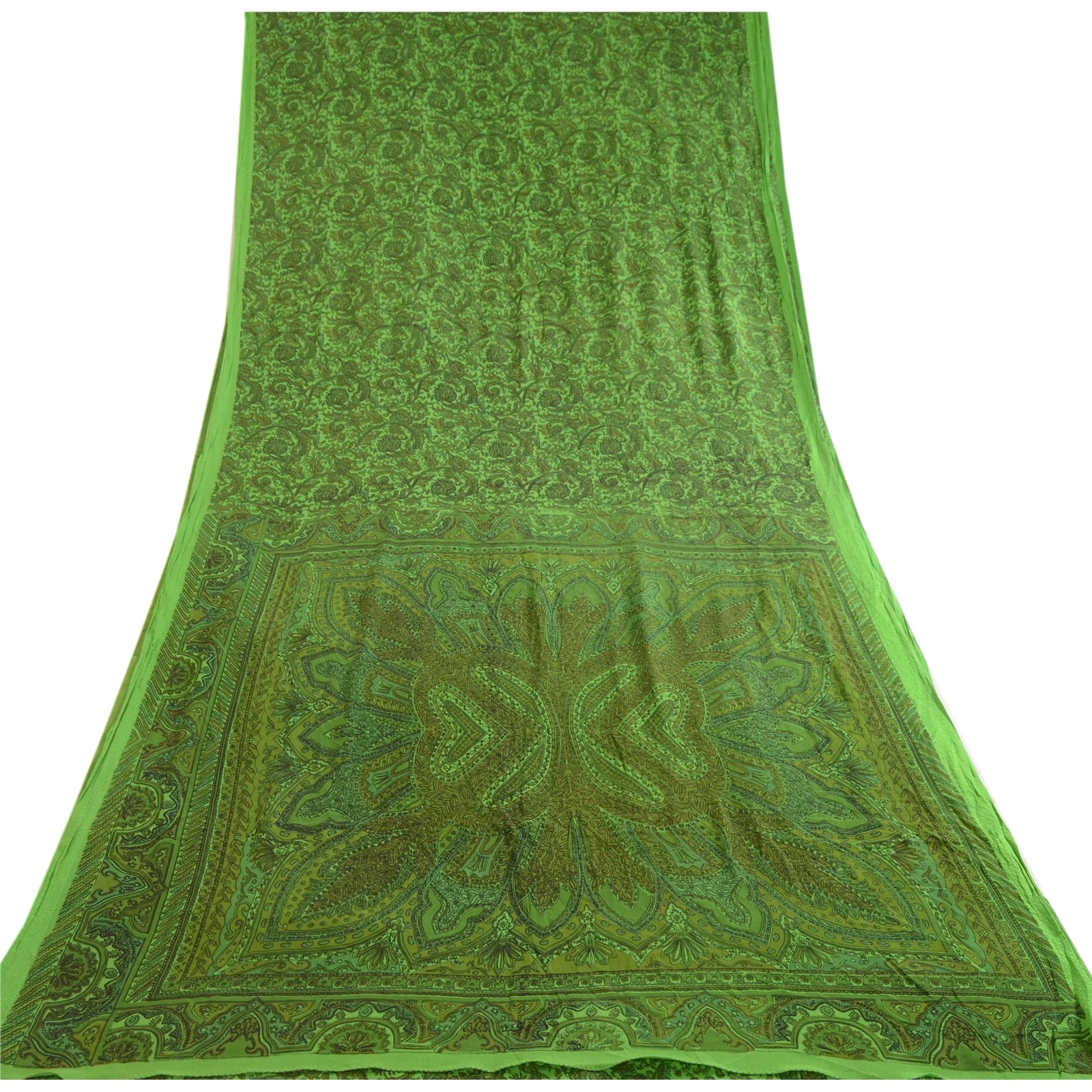 Sanskriti Vintage Sarees Green Indian 100% Pure Silk Printed Sari Craft Fabric, PR-62875-Green-Pure Silk-6