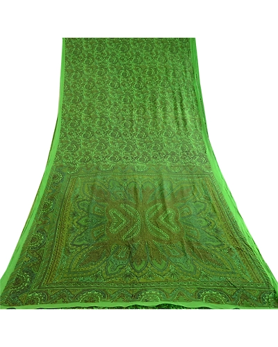 Sanskriti Vintage Sarees Green Indian 100% Pure Silk Printed Sari Craft Fabric, PR-62875-Green-Pure Silk-6