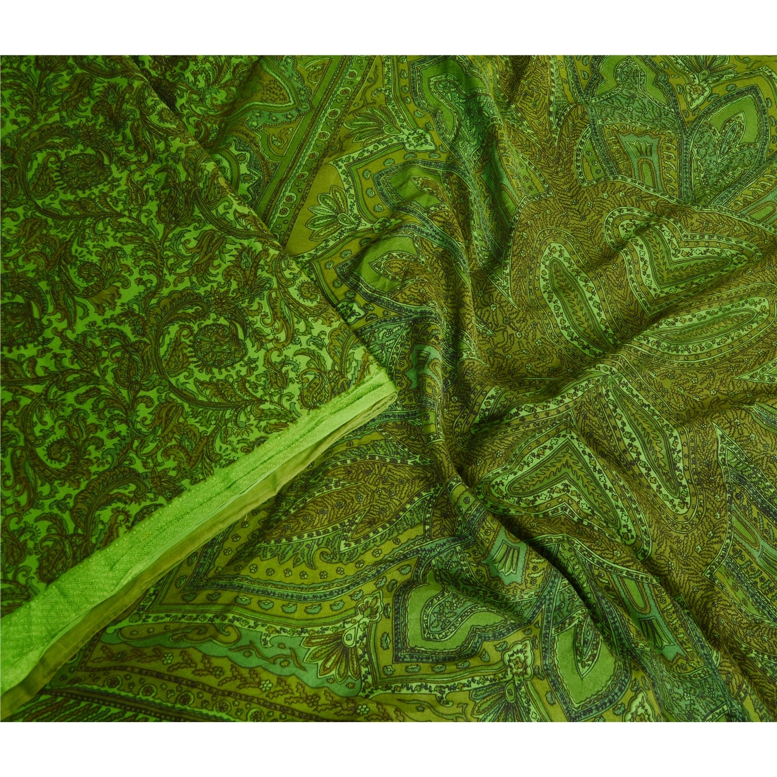 Sanskriti Vintage Sarees Green Indian 100% Pure Silk Printed Sari Craft Fabric, PR-62875-Green-Pure Silk-7