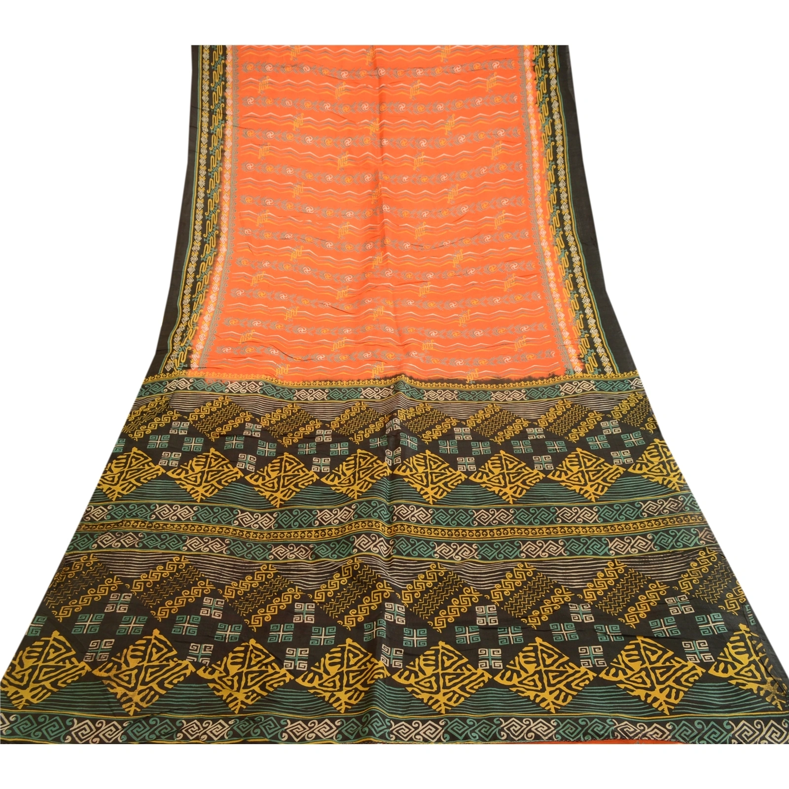 Sanskriti Vintage Sarees Orange Indian 100% Pure Silk Printed Sari Craft Fabric, PR-62877-Orange-Pure Silk-7