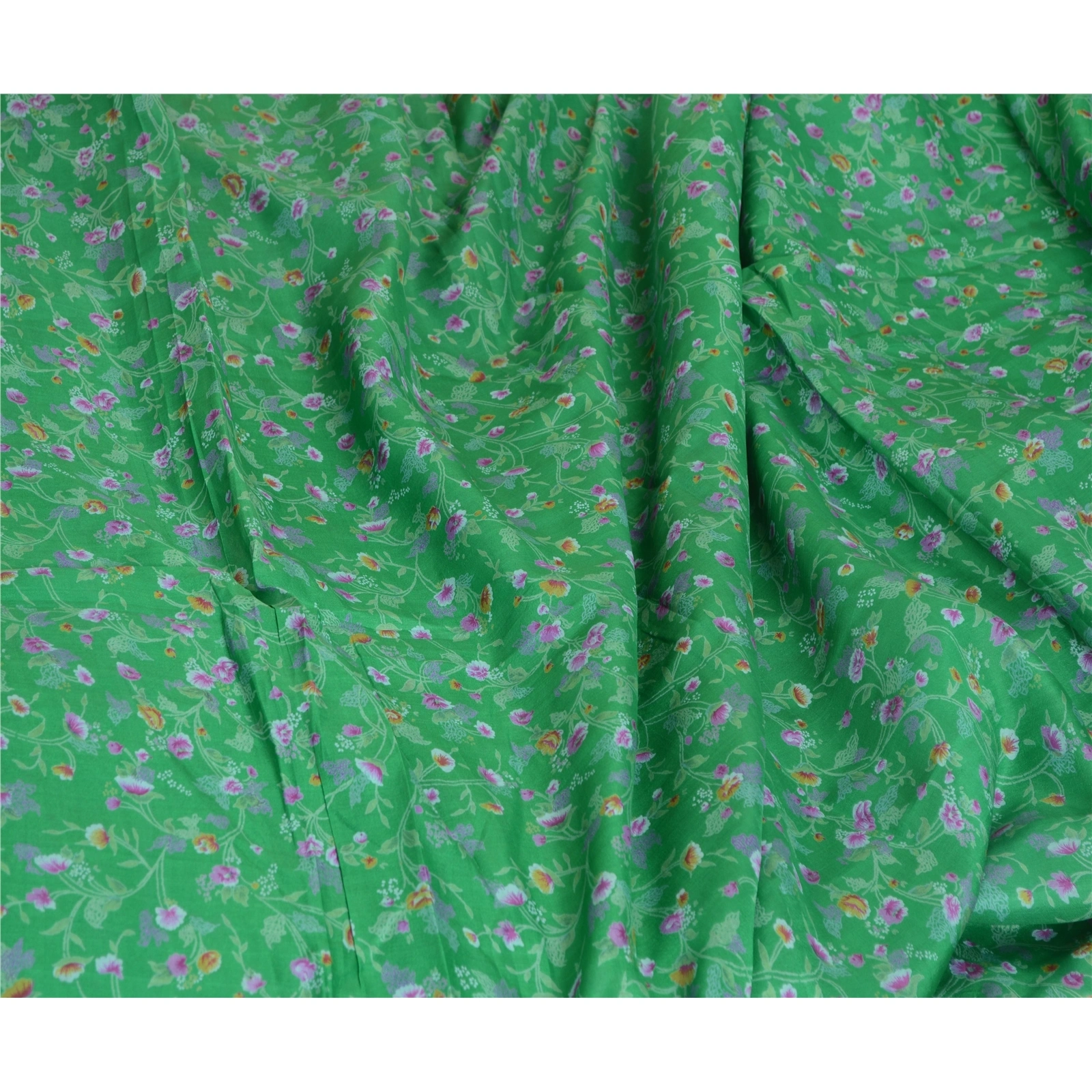 Sanskriti Vintage Sarees Green Zari Border Pure Silk Printed Sari Craft Fabric, PR-62882-Green-Pure Silk-1