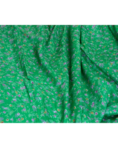 Sanskriti Vintage Sarees Green Zari Border Pure Silk Printed Sari Craft Fabric, PR-62882-Green-Pure Silk-1