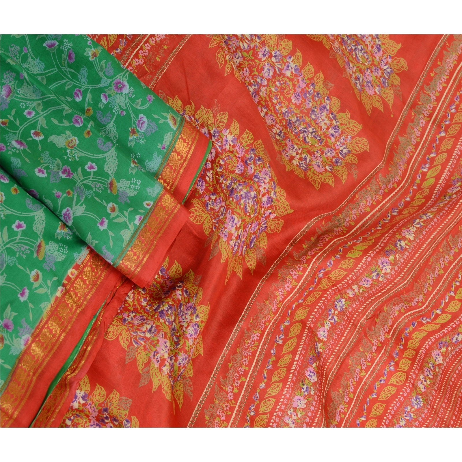 Sanskriti Vintage Sarees Green Zari Border Pure Silk Printed Sari Craft Fabric, PR-62882-Green-Pure Silk-2