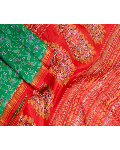 Sanskriti Vintage Sarees Green Zari Border Pure Silk Printed Sari Craft Fabric, PR-62882-Green-Pure Silk-2