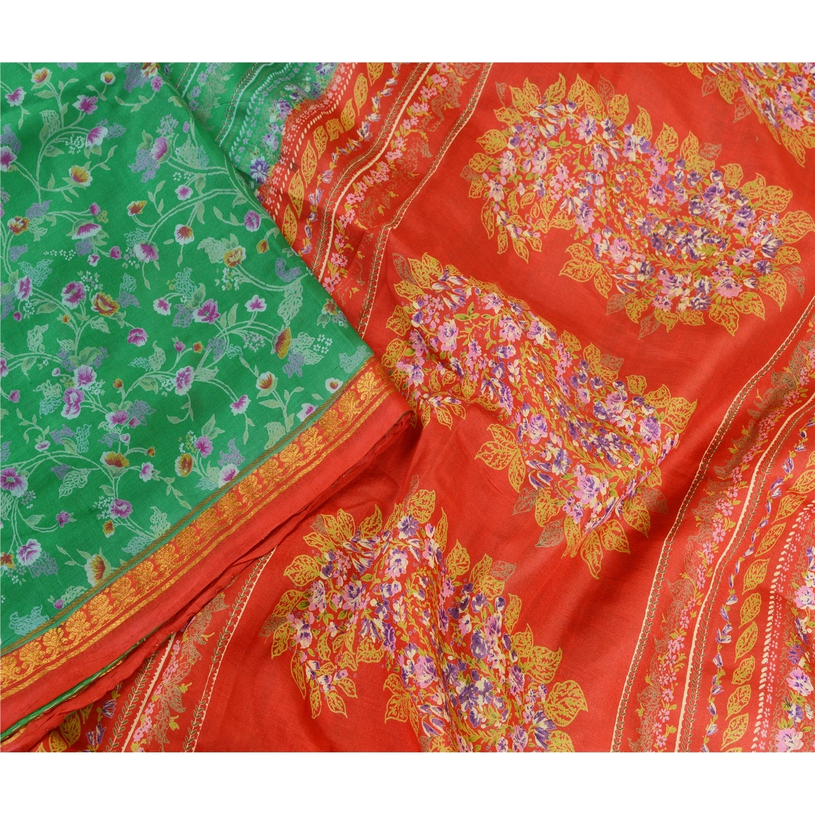 Sanskriti Vintage Sarees Green Zari Border Pure Silk Printed Sari Craft Fabric, PR-62882-Green-Pure Silk-3