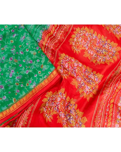 Sanskriti Vintage Sarees Green Zari Border Pure Silk Printed Sari Craft Fabric, PR-62882-Green-Pure Silk-3