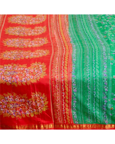 Sanskriti Vintage Sarees Green Zari Border Pure Silk Printed Sari Craft Fabric, PR-62882-Green-Pure Silk-4