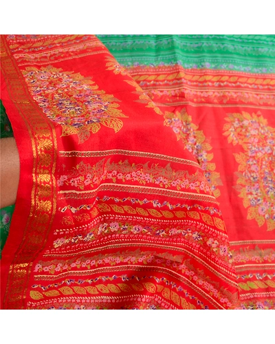 Sanskriti Vintage Sarees Green Zari Border Pure Silk Printed Sari Craft Fabric, PR-62882-Green-Pure Silk-6