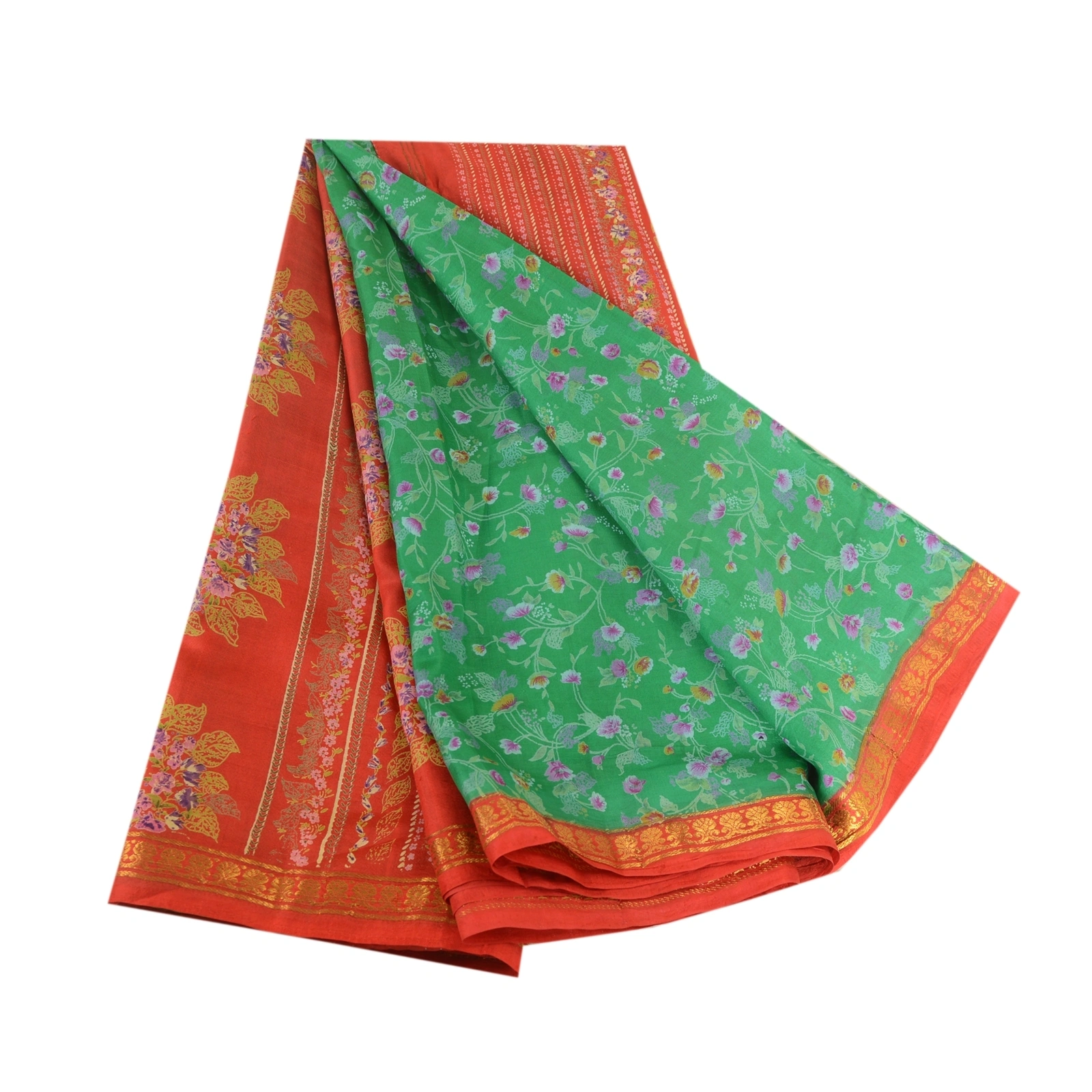 Sanskriti Vintage Sarees Green Zari Border Pure Silk Printed Sari Craft Fabric, PR-62882-Green-Pure Silk-7