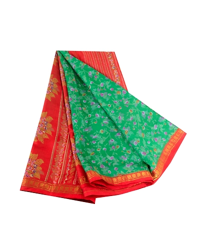 Sanskriti Vintage Sarees Green Zari Border Pure Silk Printed Sari Craft Fabric, PR-62882-Green-Pure Silk-7