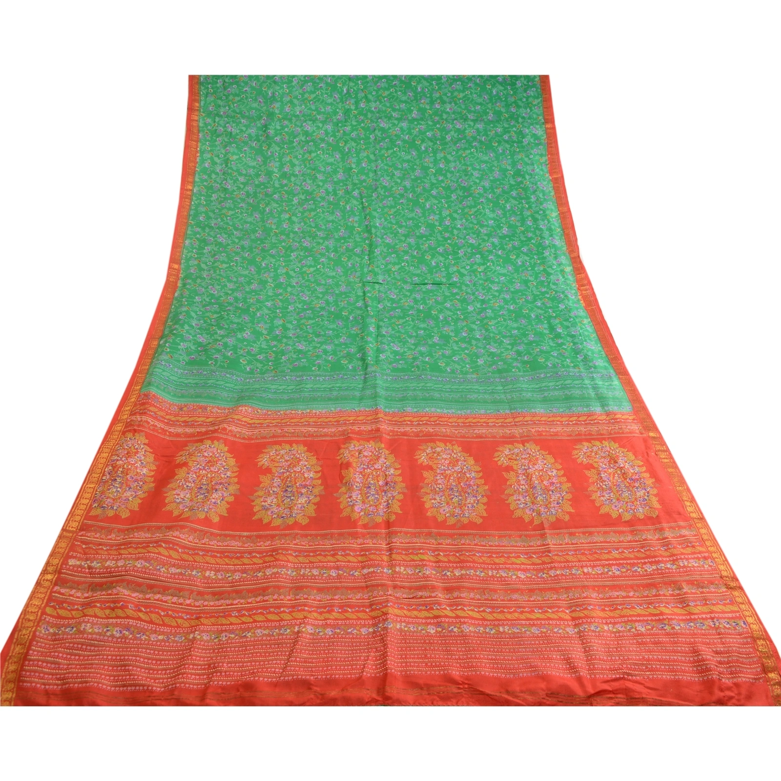 Sanskriti Vintage Sarees Green Zari Border Pure Silk Printed Sari Craft Fabric, PR-62882-Green-Pure Silk-8