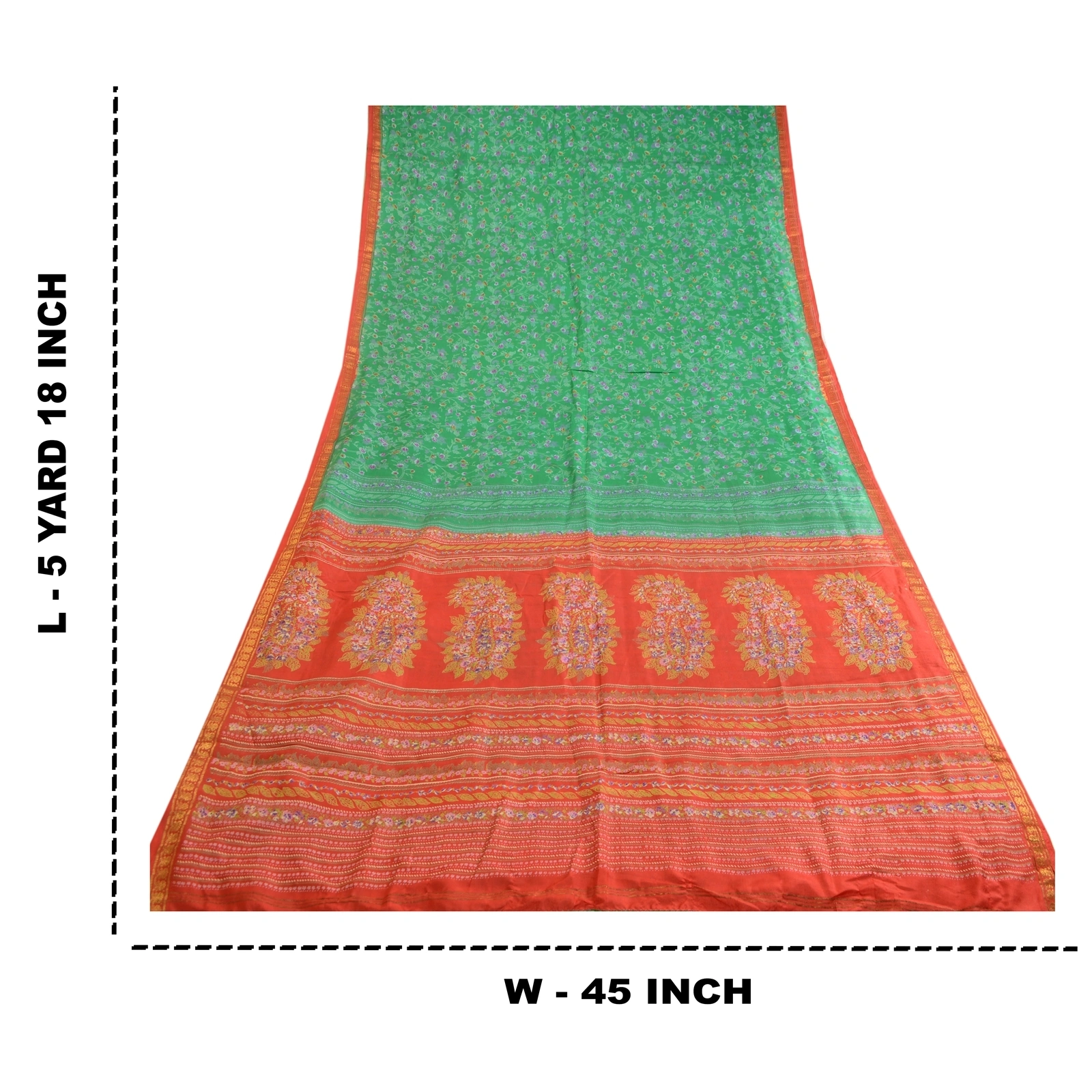 Sanskriti Vintage Sarees Green Zari Border Pure Silk Printed Sari Craft Fabric, PR-62882-Green-Pure Silk-9